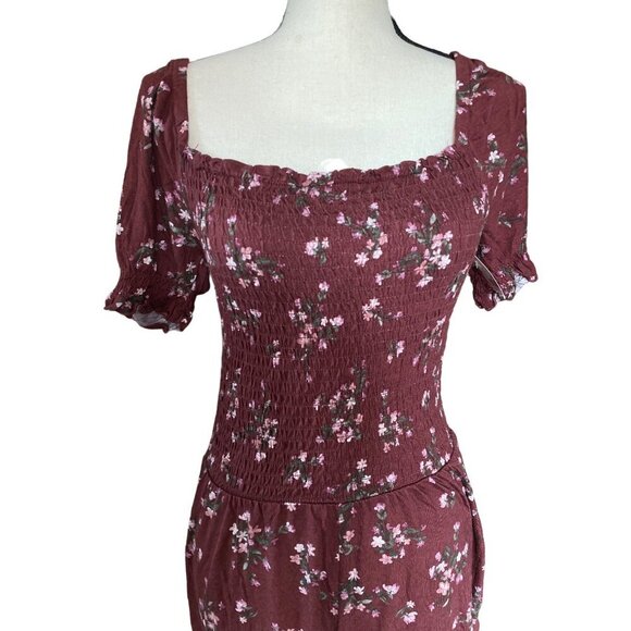 Vintage casual shirred short sleeves floral‎ burgundy romper women size M/L - Picture 3 of 9
